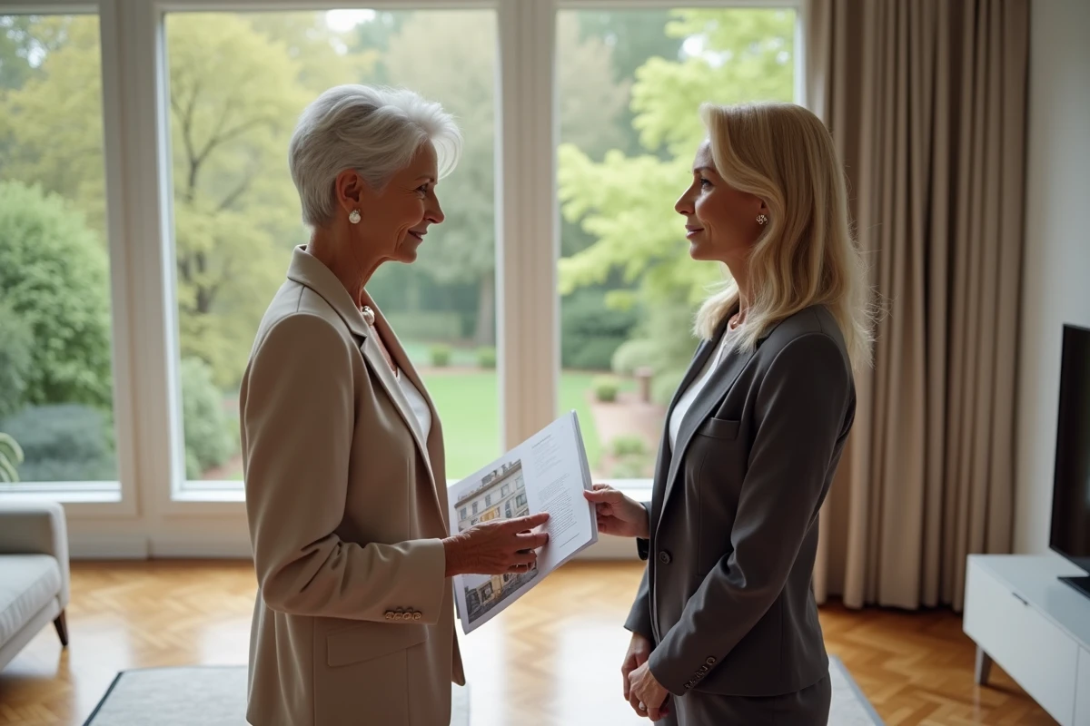 Une cliente aisée discute d'une estimation immobilière haut de gamme avec une conseillère dans un appartement de prestige