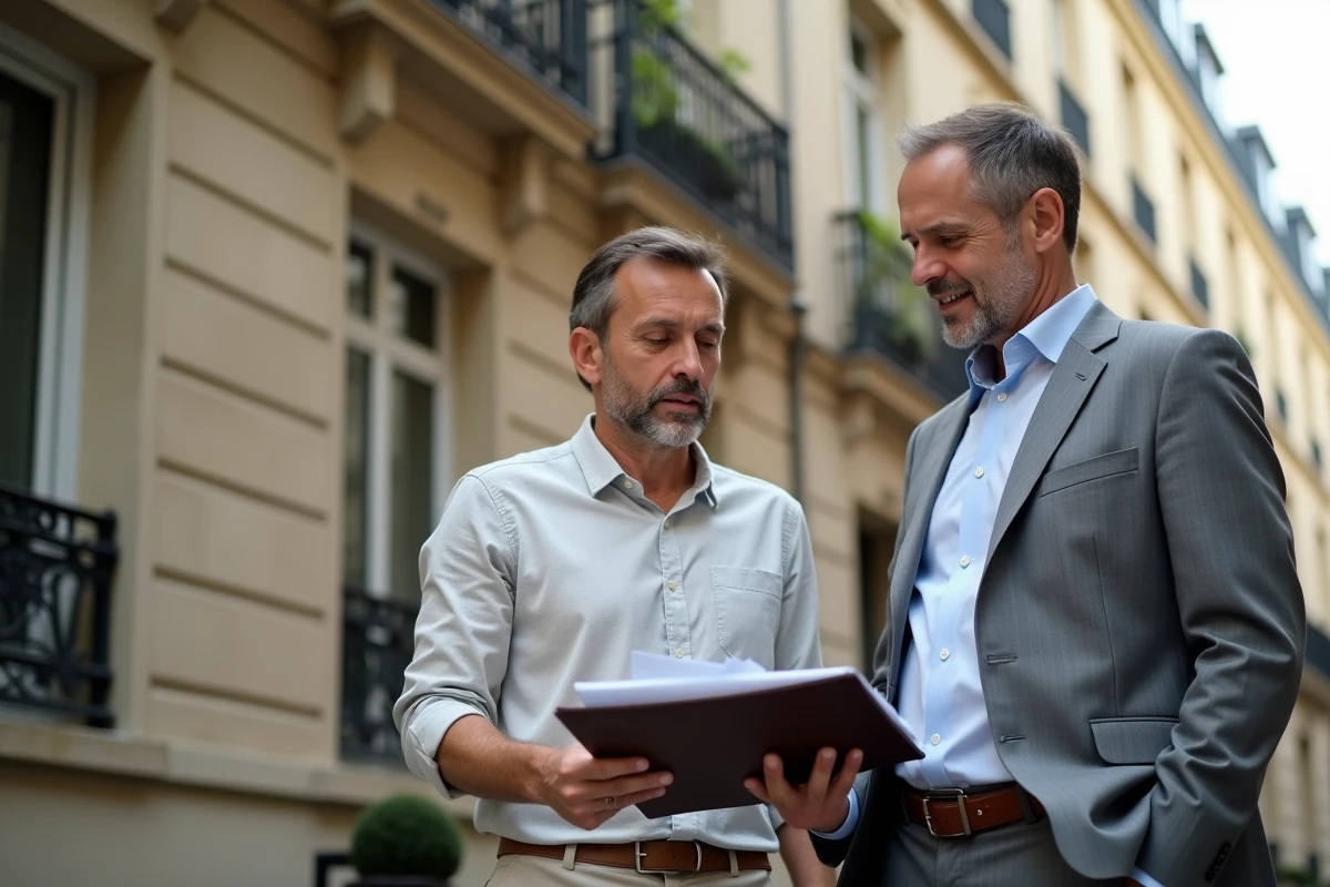 Deux co-indivisaires discutant d'un droit de préemption devant un immeuble parisien lors d'une vente en indivision