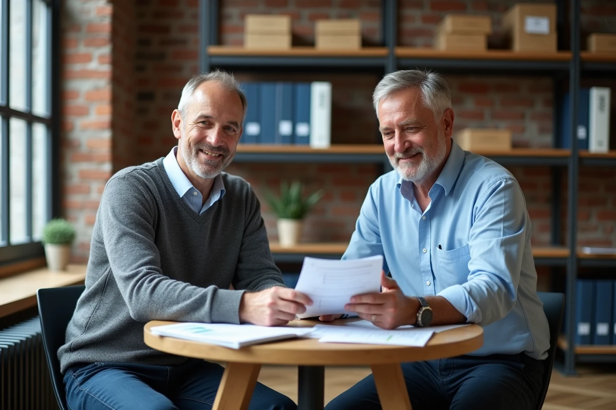 Deux collègues analysant ensemble des rapports imprimés sur l'indice BT47 pour optimiser les marges en électricité dans un espace de coworking industriel