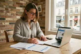 Femme comparant des contrats d'assurance habitation sur table en bois dans un appartement d'Amiens