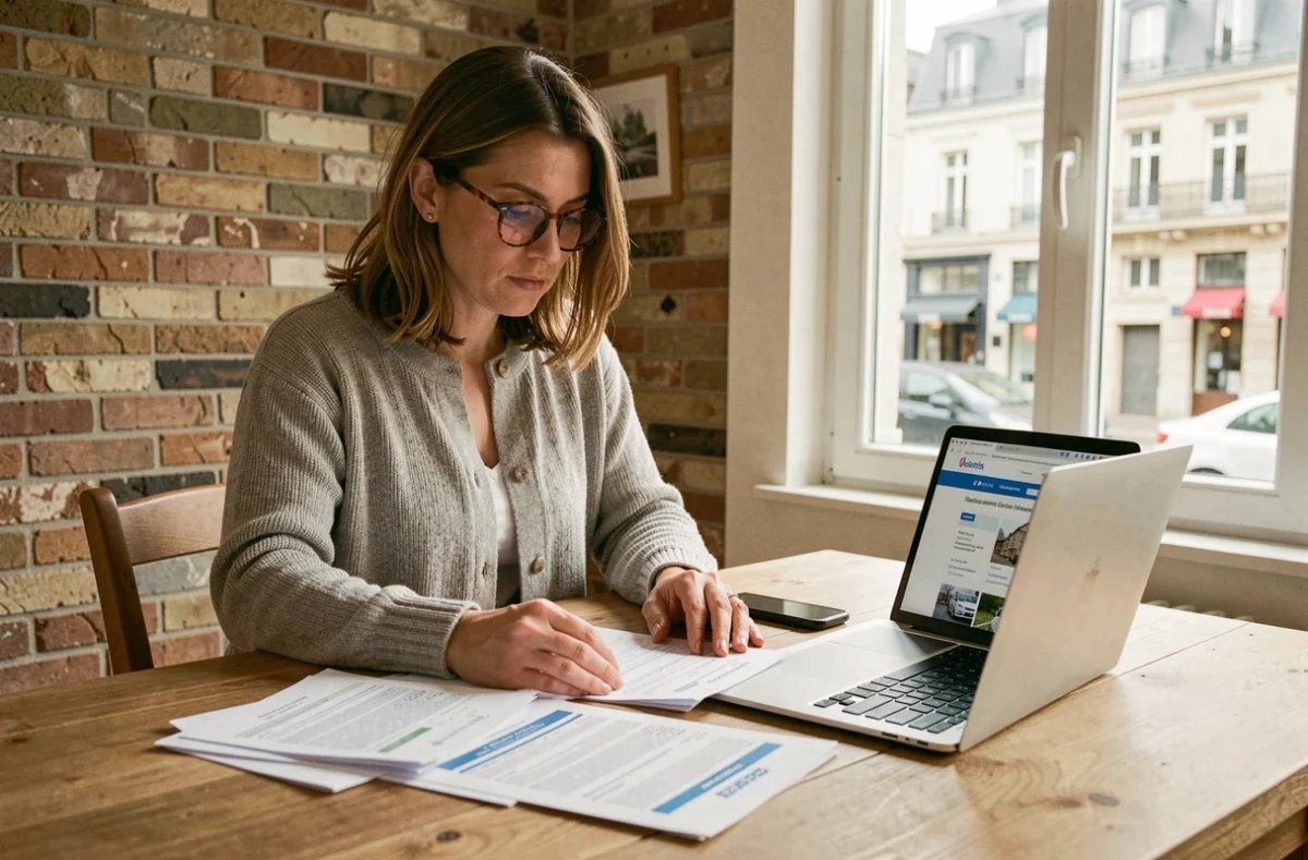 Femme comparant des contrats d'assurance habitation sur table en bois dans un appartement d'Amiens