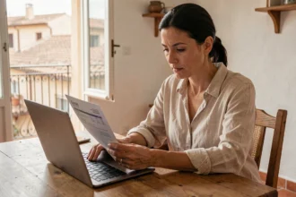 Femme comparant des offres d'assurance habitation sur ordinateur dans un appartement méditerranéen à Perpignan