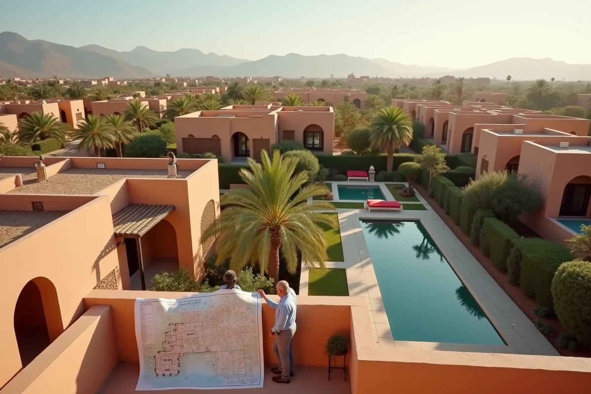 Vue panoramique depuis une terrasse de villa à Marrakech comparant une résidence fermée et une villa indépendante avec piscine privée