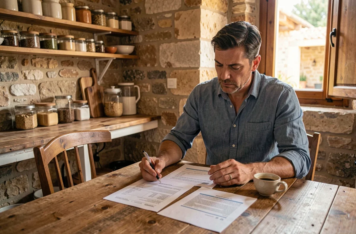 Homme comparant un contrat de location maison et appartement à Béziers assis dans une cuisine en pierre
