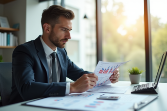 Comptable bien habille analysant des graphiques financiers au bureau