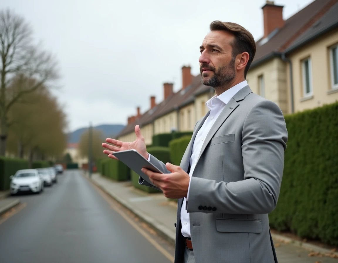 Conseiller immobilier IAD en prospection terrain devant une maison pour décrocher un mandat exclusif