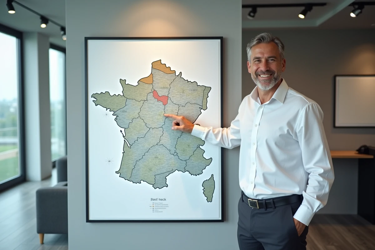 Conseiller immobilier présentant une carte des zones éligibles à la loi Pinel en France dans une agence moderne