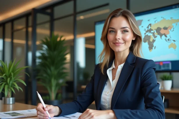 Conseillère immobilière IAD analysant un plan de prospection pour mandats exclusifs dans un bureau moderne