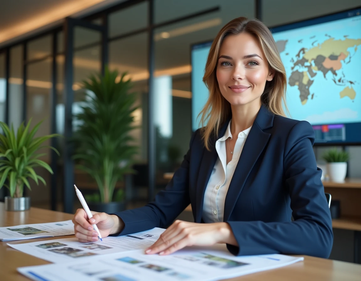 Conseillère immobilière IAD analysant un plan de prospection pour mandats exclusifs dans un bureau moderne