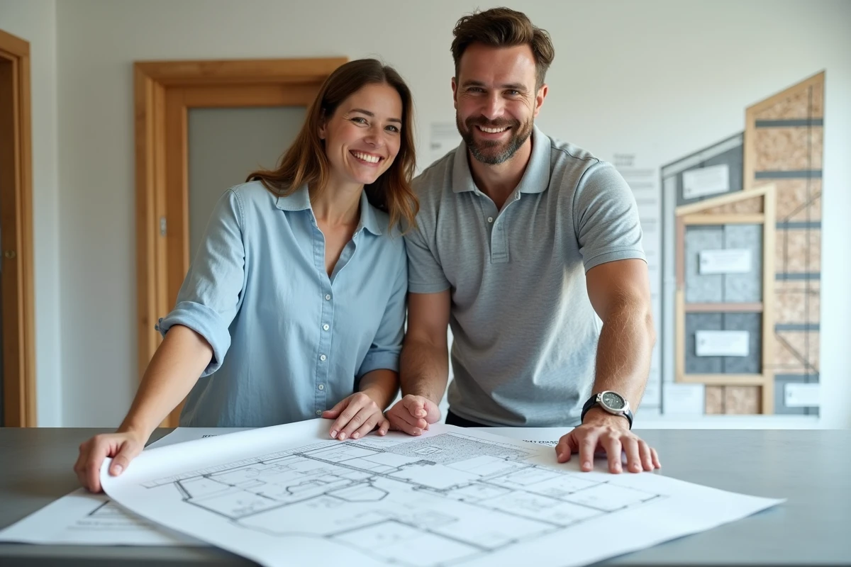 Couple consultant un constructeur de maison ossature bois avec plans architecturaux, comparaison prix au m2