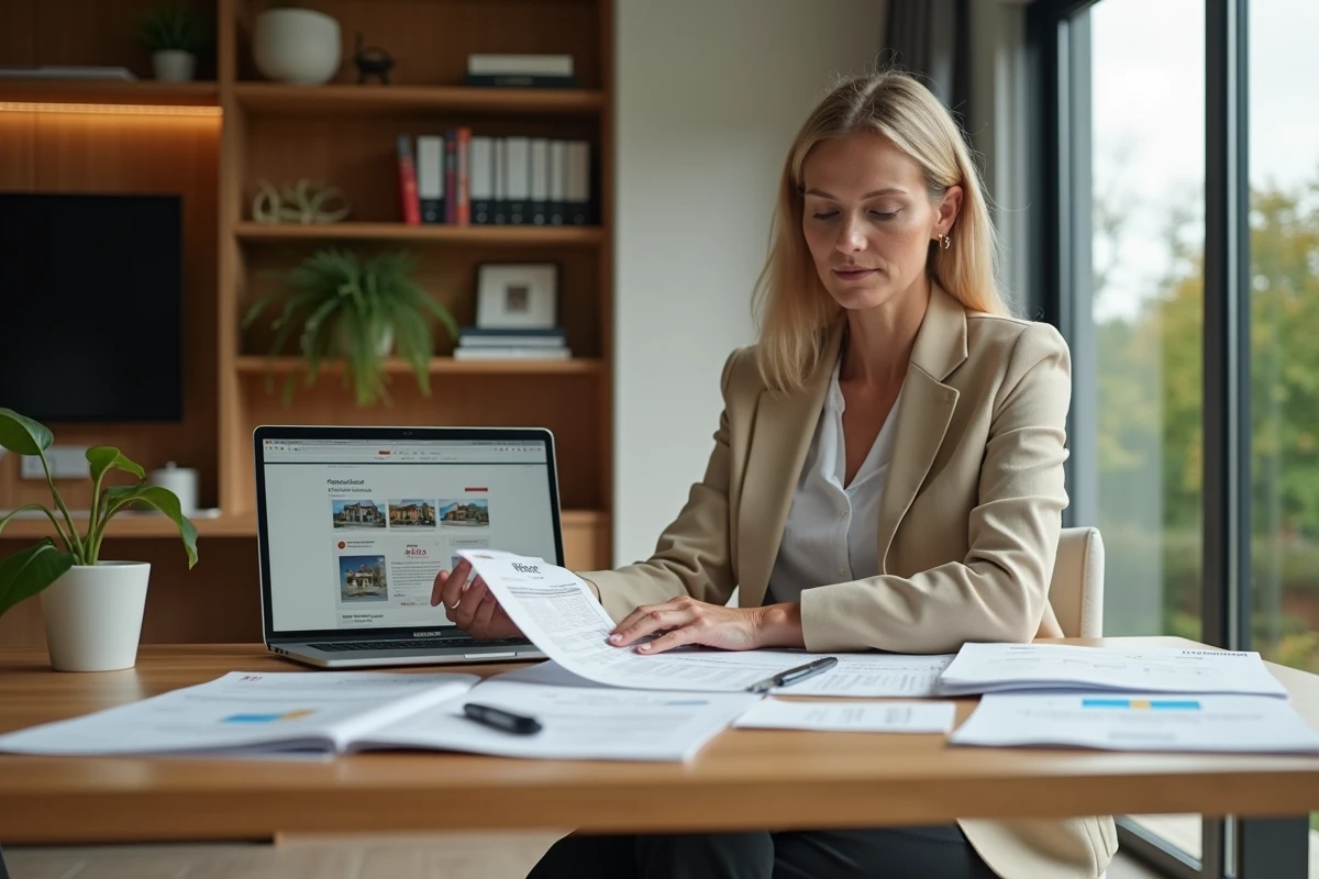 Consultante immobilière analysant des documents d'estimation de propriété de prestige dans un bureau moderne
