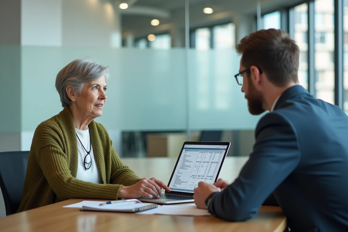 Femme retraitée consultant un conseiller immobilier devant un simulateur viager sur ordinateur portable dans un bureau moderne