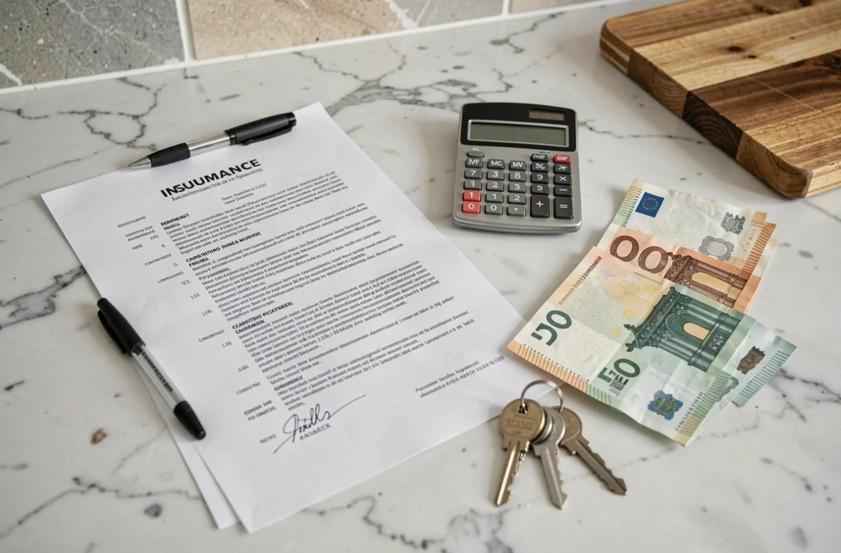 Contrat d'assurance habitation, clés d'appartement et euros posés sur un plan de travail parisien