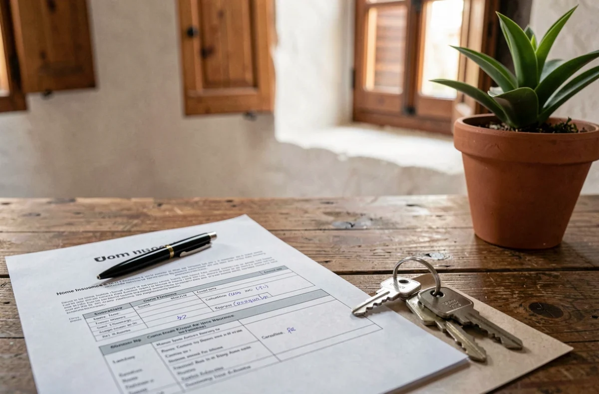 Contrat d'assurance habitation avec clés de maison et stylo sur un bureau en bois à Perpignan