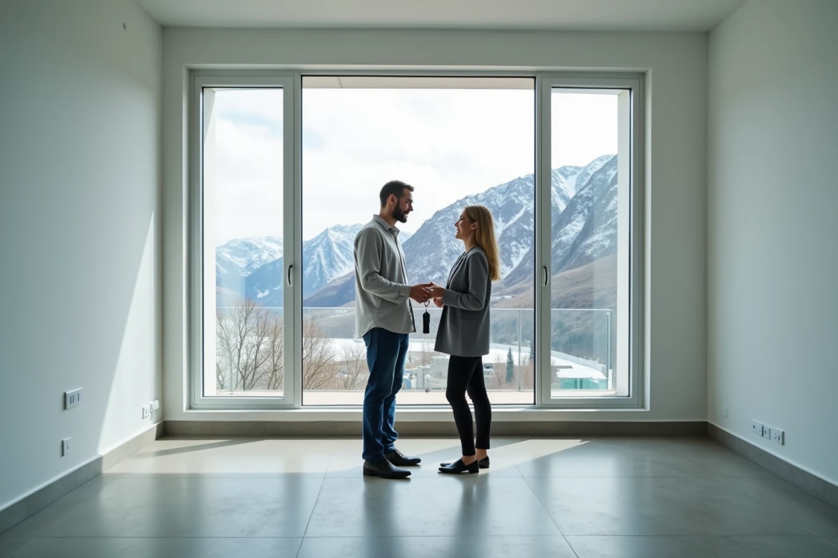 Couple tenant des clés dans un appartement neuf vide en Andorre avec vue sur les montagnes pyrénéennes