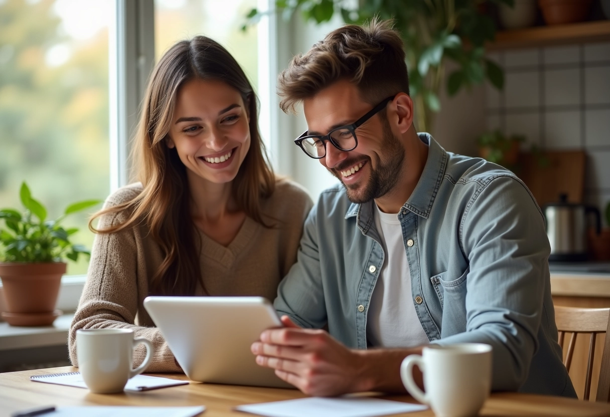 Couple souriant à la maison regardant une annonce immobiliere
