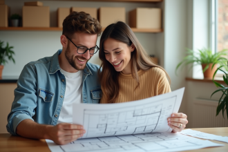 Jeune couple examine plans dans un appartement rénové