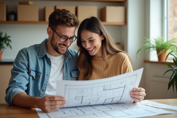 Jeune couple examine plans dans un appartement rénové