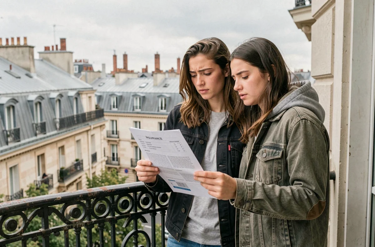 Jeune couple consultant une offre d'assurance habitation sur leur balcon à Paris