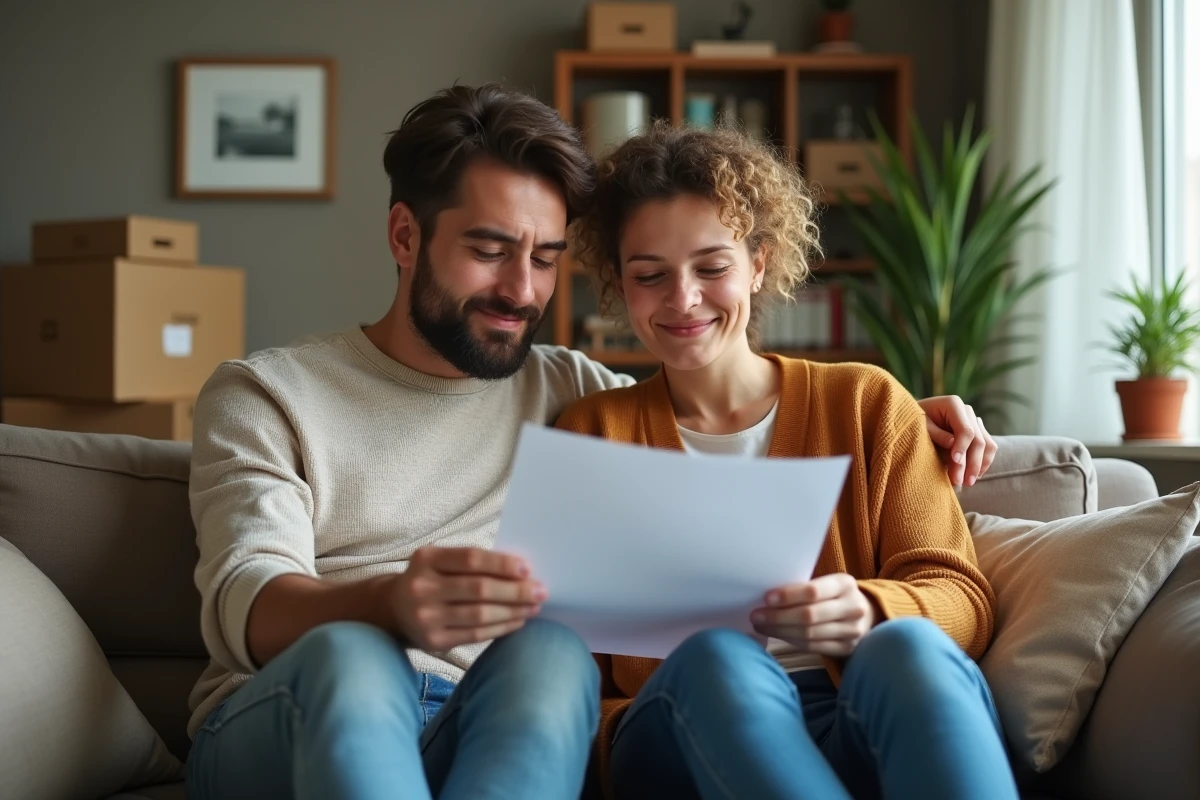 Couple lisant avec soulagement leur avis favorable de la commission d'attribution de logement dans leur appartement actuel