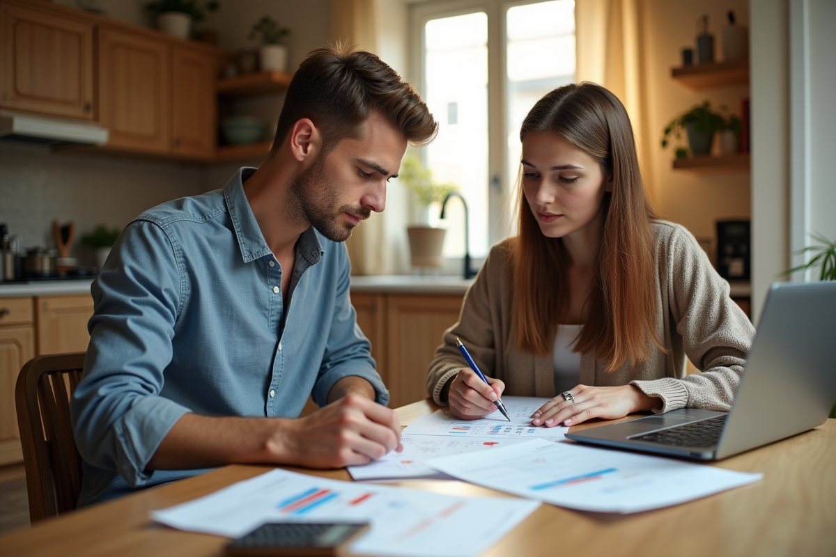 Jeune couple professionnel examinant des documents de location