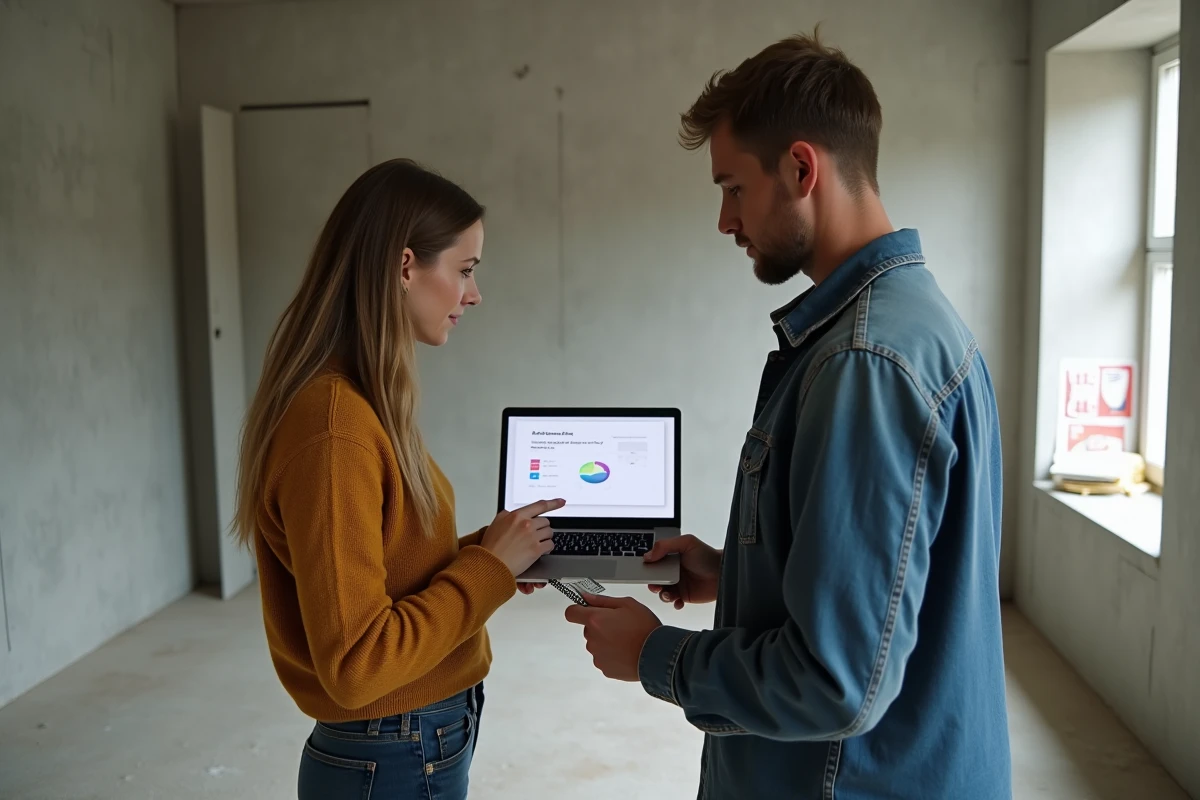 Couple calculant la superficie en m2 d'un appartement vide pour estimer le budget matériaux
