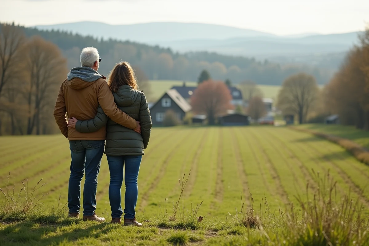 Couple d'adultes regardant un terrain de 1 acre en campagne