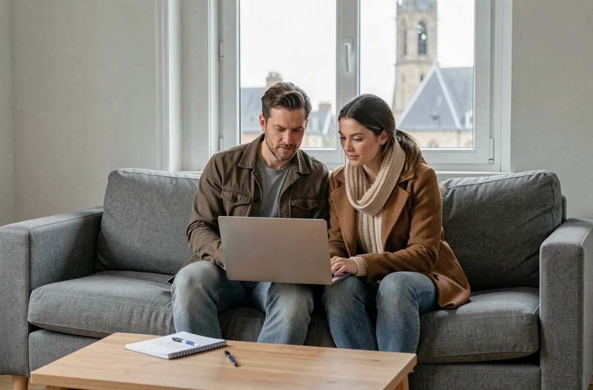 Couple comparant des offres d'assurance habitation sur ordinateur portable dans un appartement à Amiens