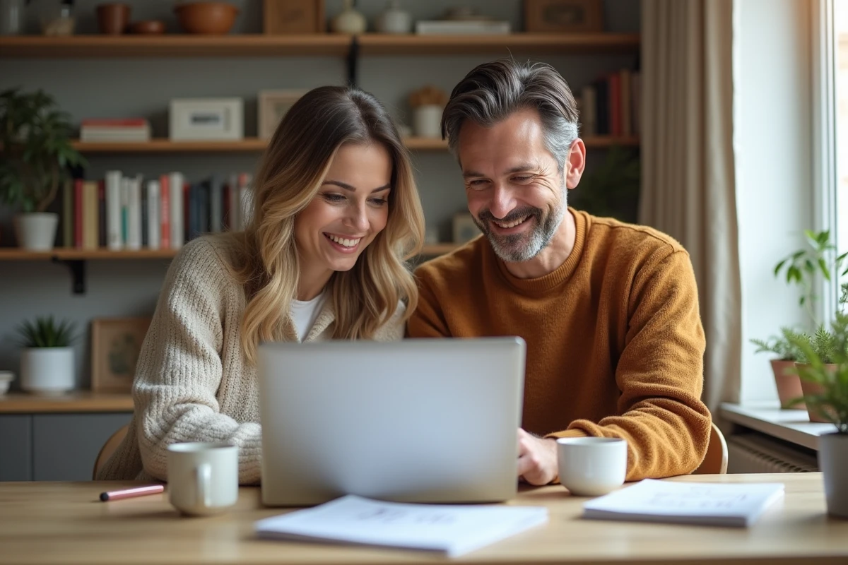 Couple comparant des offres de taux immobilier La Poste à domicile sur ordinateur portable