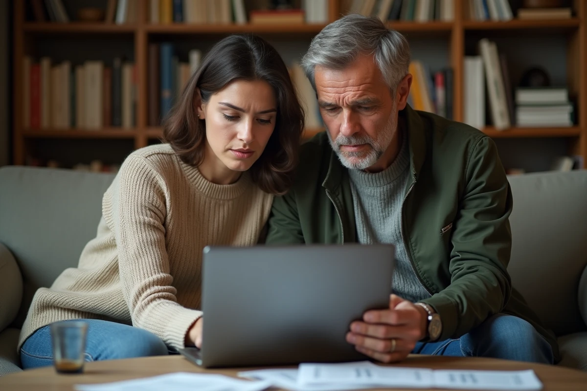 Couple consultant un site immobilier sur un ordinateur portable dans leur appartement, cherchant des solutions après un mandat de vente exclusif infructueux