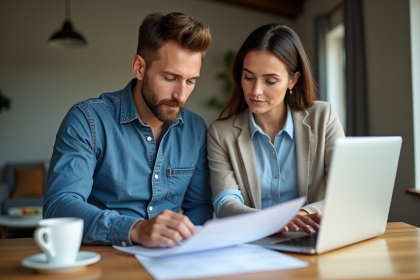 Couple en cuisine examinant des documents de prêt immobilier