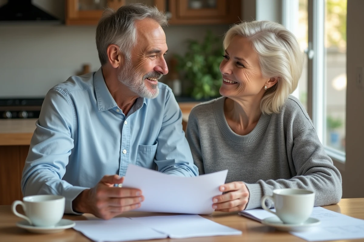 Couple discutant de documents financiers à la maison
