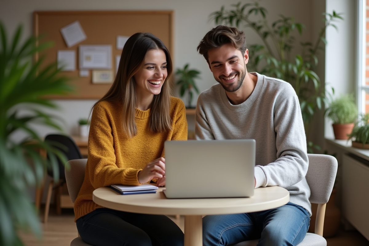 Jeune couple discutant de prêt immobilier dans leur appartement
