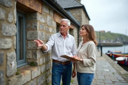 Couple examinant la façade d'une maison de pêcheur en pierre à vendre près d'un port, inspectant les défauts visibles avant achat