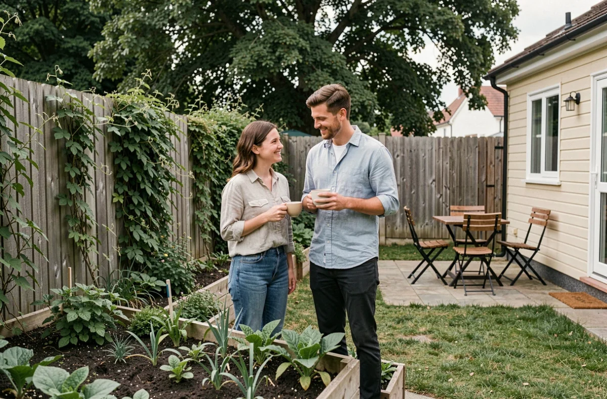 Jeune couple profitant du jardin privatif de leur petite maison louée en banlieue, terrasse en bois et potager surélevé
