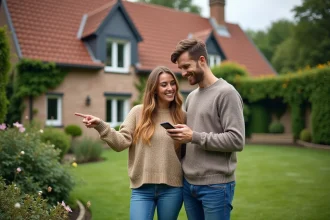 Jeune couple souriant dans un jardin normand en Seine Maritime