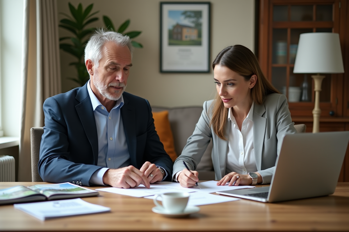 Couple d'adultes lisant des documents immobiliers dans un salon