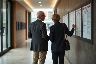 Couple dans un hall d'immeuble urbain examine un panneau d'affichage