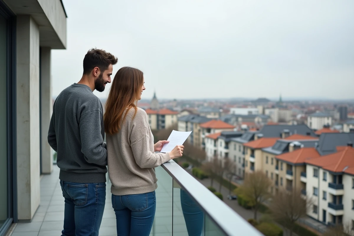 Couple de locataires consultant un bail sur le balcon d'un appartement neuf éligible à la loi Pinel avec vue sur la ville