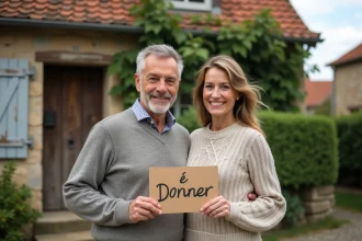 Couple de quinquagénaires tenant une pancarte 'À Donner' devant une maison en pierre traditionnelle française avec volets et lierre, illustration d'une donation immobilière gratuite