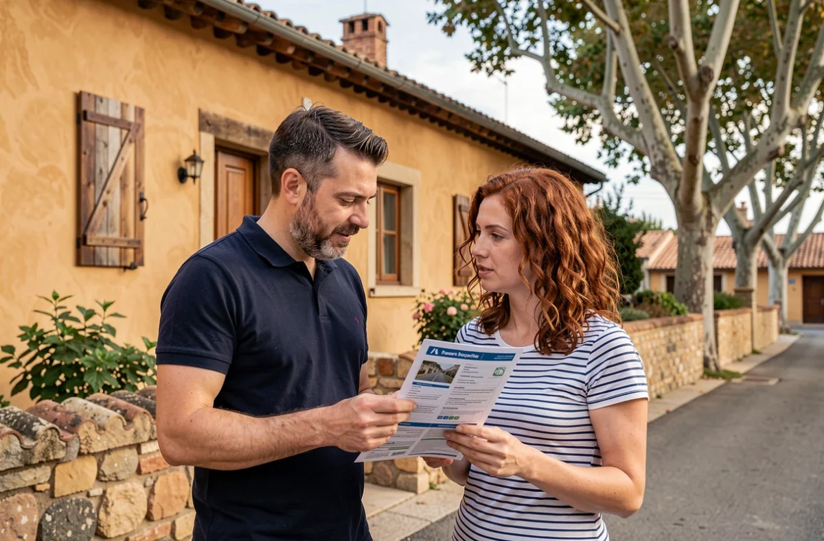 Couple devant leur maison catalane à Perpignan en train d'étudier une brochure d'assurance habitation