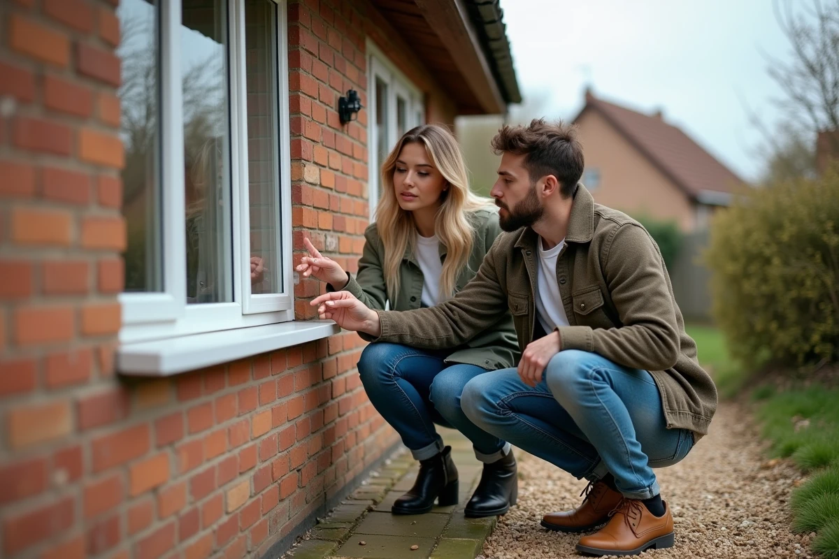 Jeune couple inspectant la façade d