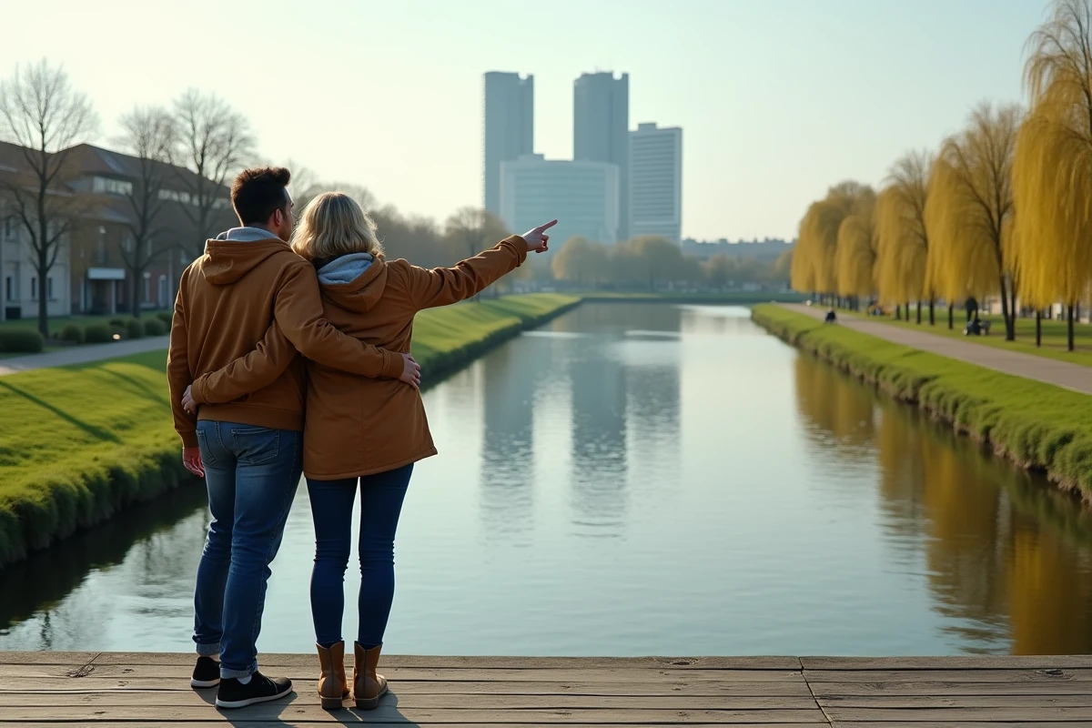 Couple sur une passerelle fluviale d'une ville d'Île-de-France avec vue sur quartier d'affaires et nature