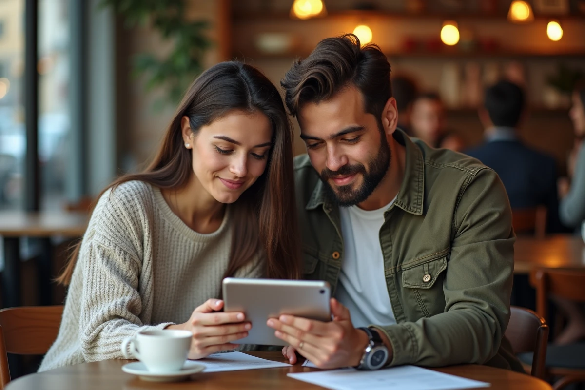 Couple recherchant et vérifiant des annonces de location de maison entre particuliers sur smartphone et tablette