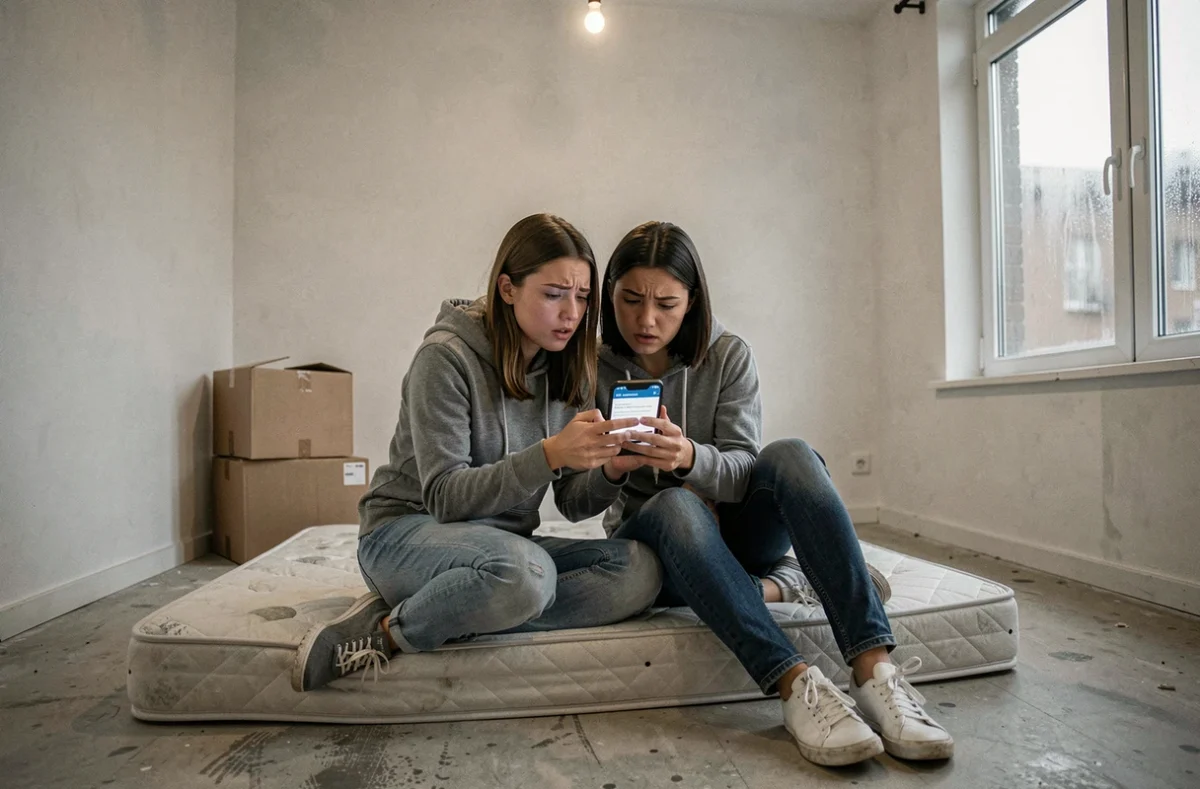 Jeune couple en situation précaire consultant une annonce de logement social urgent sur smartphone dans un appartement vide à Paris