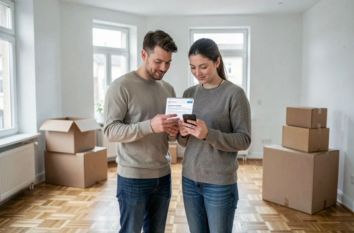Couple consultant une demande de résiliation d'assurance habitation sur smartphone lors d'un déménagement