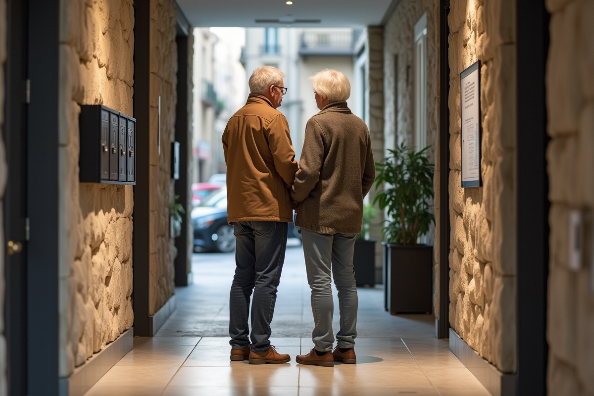 Couple de retraités vérifiant un panneau d