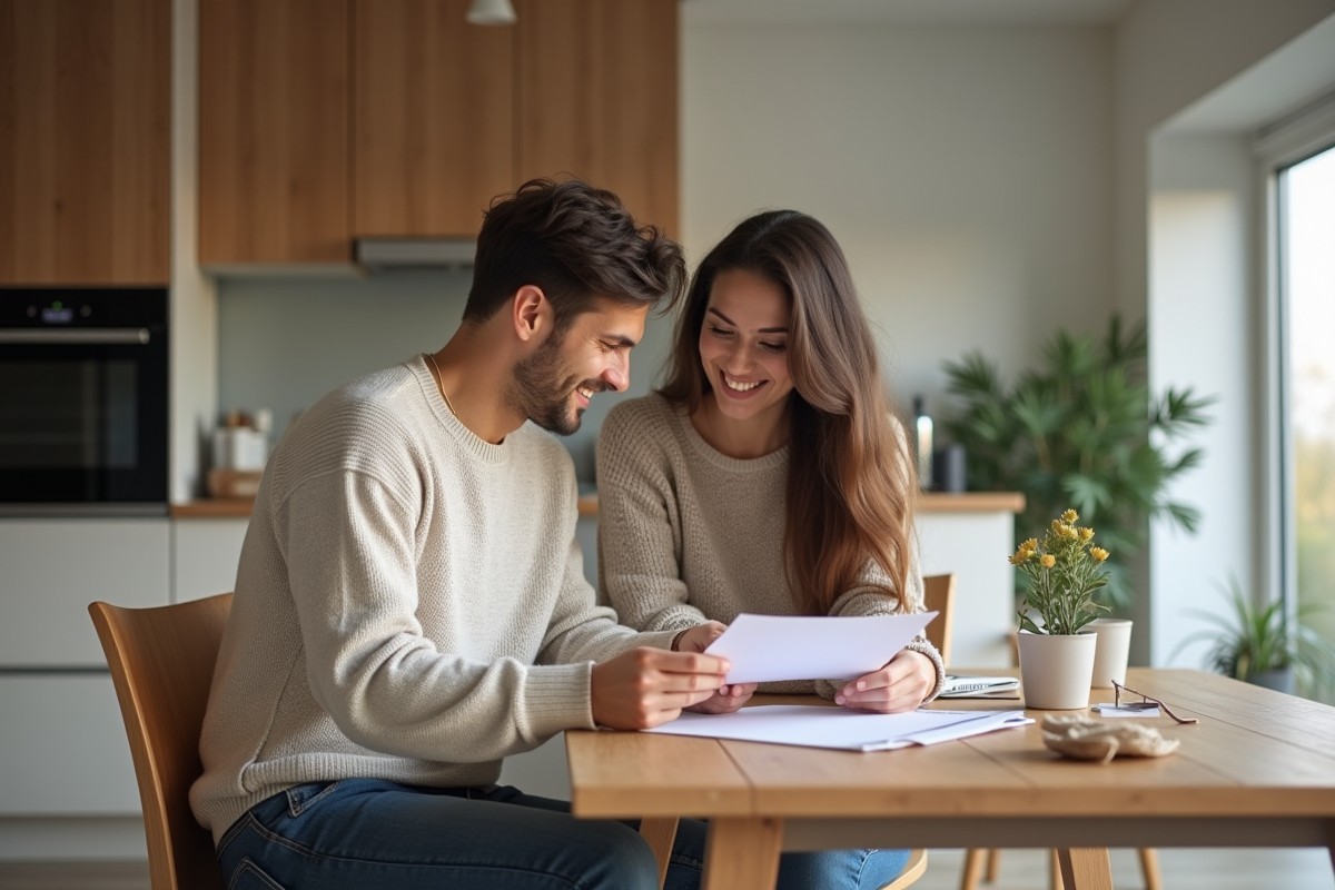 Jeune couple discutant à table dans une cuisine lumineuse