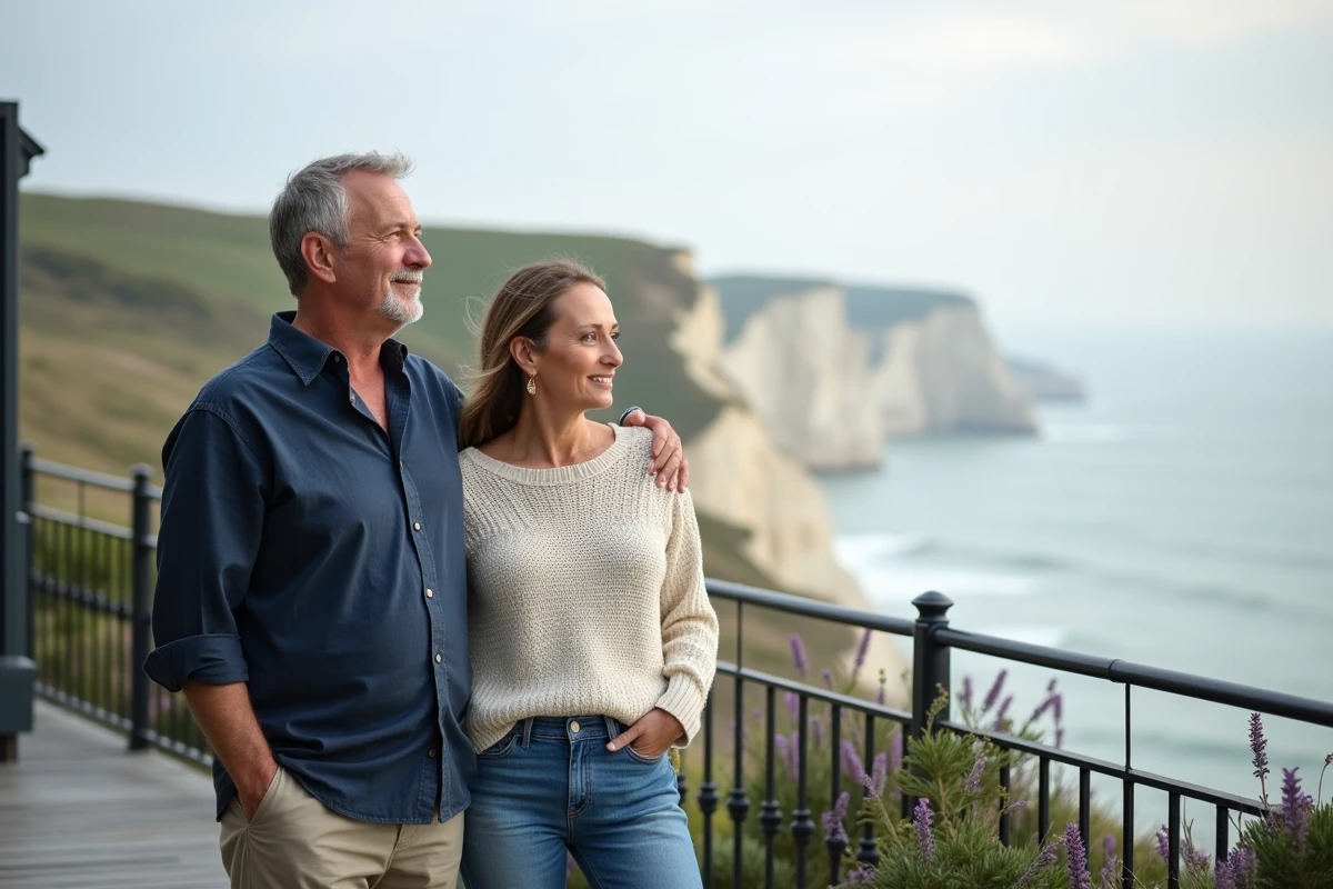 Couple de propriétaires sur la terrasse d'une maison à vendre en bord de mer en Normandie avec vue sur les falaises