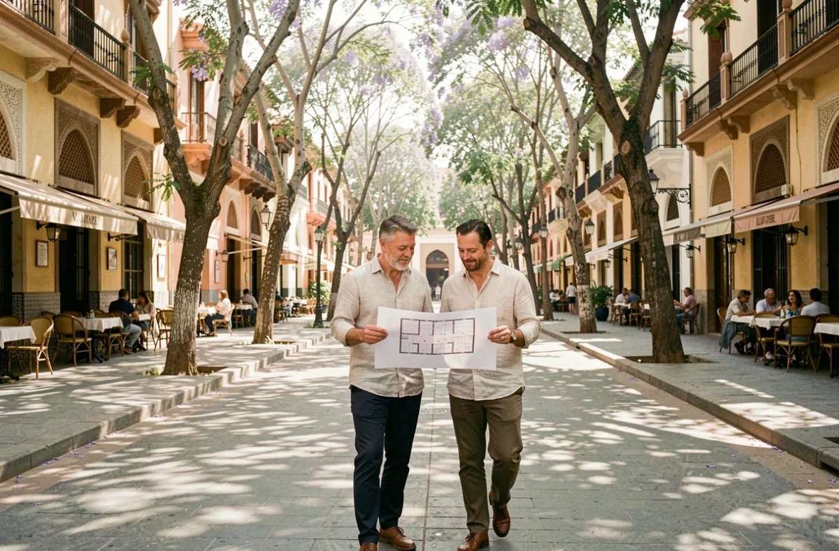 Couple visitant des appartements à vendre à Guéliz Marrakech en consultant un plan sur une avenue animée